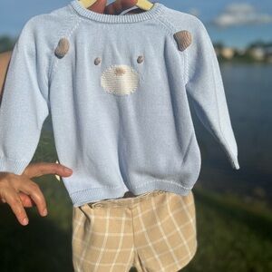 Adorable Blue Bear Sweater and Plaid Shorts Set